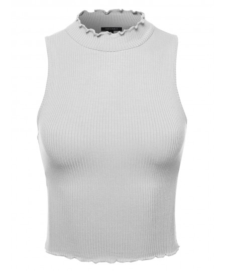 Women's Solid Merrow Edge Sleeveless Mock Neck Crop Top