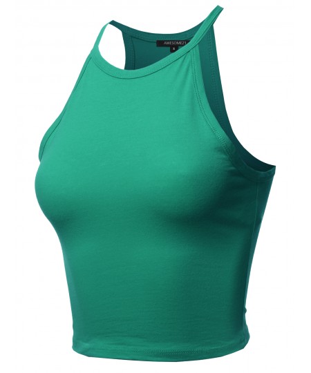 Women's Solid Cotton Based High Neck Spaghetti Strap Crop Tank Top