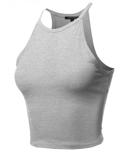 Women's Solid Cotton Based High Neck Spaghetti Strap Crop Tank Top