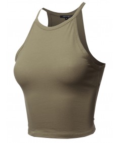 Women's Solid Cotton Based High Neck Spaghetti Strap Crop Tank Top