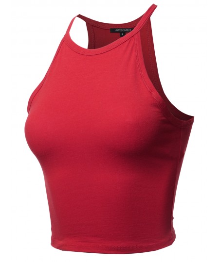 Women's Solid Cotton Based High Neck Spaghetti Strap Crop Tank Top