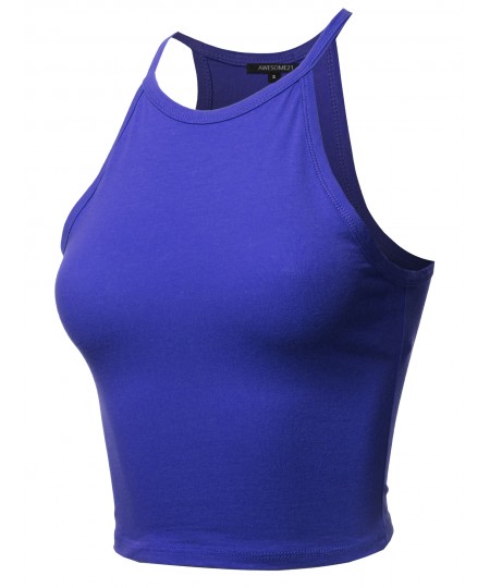 Women's Solid Cotton Based High Neck Spaghetti Strap Crop Tank Top