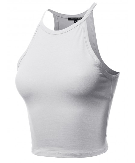 Women's Solid Cotton Based High Neck Spaghetti Strap Crop Tank Top