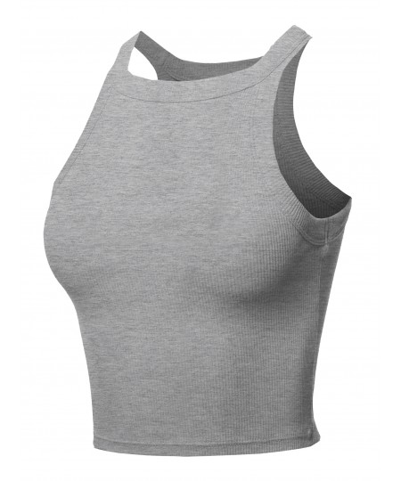 Women's Solid Sleeveless High Neck 100% Cotton Ribbed Crop Tank Top