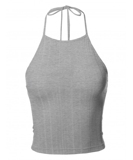 Women's Solid Self Tie Halter Neck Crop Tank Top