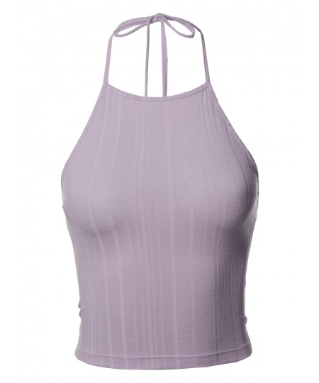 Women's Solid Self Tie Halter Neck Crop Tank Top
