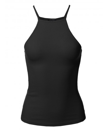 Women's Solid High Neck Racer-back Ribbed Tank Top
