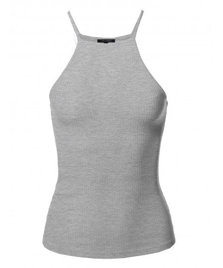 Women's Solid High Neck Racer-back Ribbed Tank Top