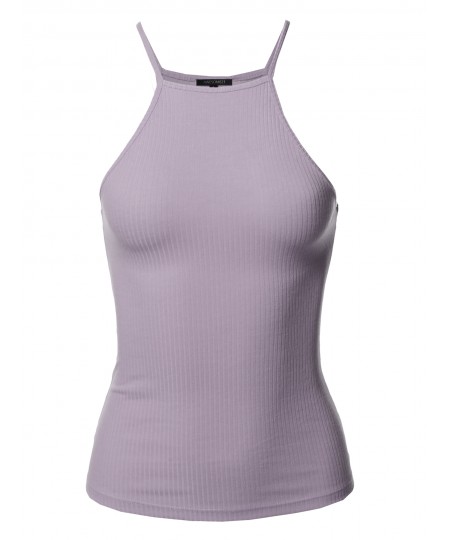 Women's Solid High Neck Racer-back Ribbed Tank Top