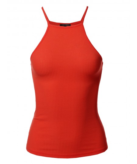 Women's Solid High Neck Racer-back Ribbed Tank Top