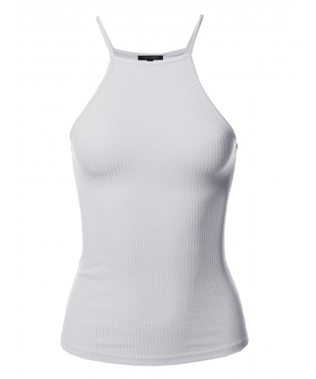 Women's Solid High Neck Racer-back Ribbed Tank Top
