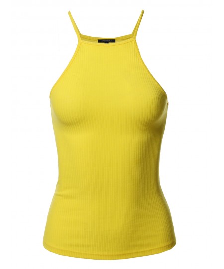 Women's Solid High Neck Racer-back Ribbed Tank Top