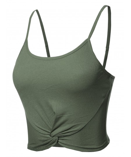 Women's Solid Ribbed Front Knot Cami Crop Tank Top