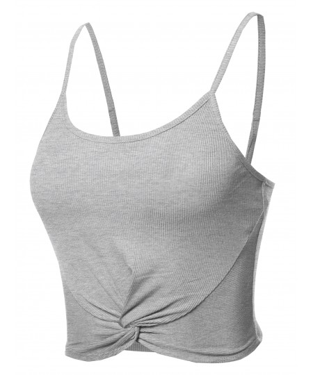 Women's Solid Ribbed Front Knot Cami Crop Tank Top