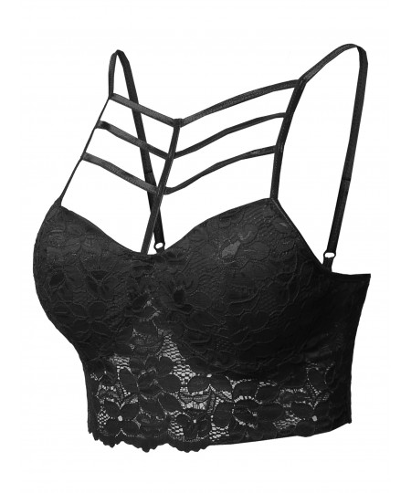 Women's Solid Caged Front Cami Lace Bralette Crop Tank Top 