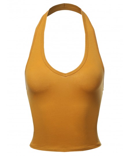 Women's Solid Halter Neck Basic Crop Tank Top