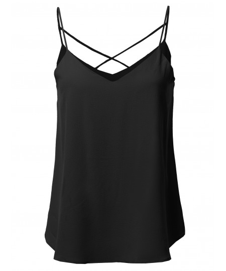 Women's Solid V-Neck Back Cross Strap Woven Cami Tank Top