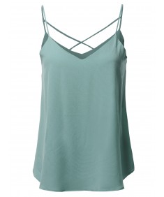 Women's Solid V-Neck Back Cross Strap Woven Cami Tank Top