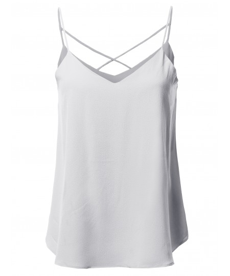 Women's Solid V-Neck Back Cross Strap Woven Cami Tank Top