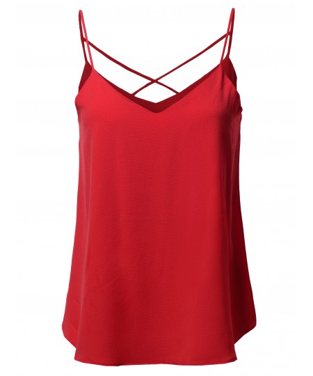 Women's Solid V-Neck Back Cross Strap Woven Cami Tank Top