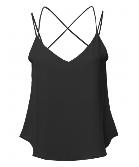 Women's Solid V-Neck Back Cross Double Strap Woven Cami Tank Top
