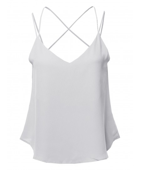 Women's Solid V-Neck Back Cross Double Strap Woven Cami Tank Top