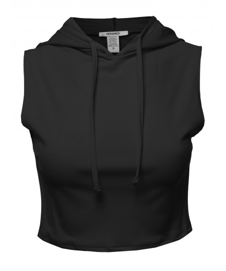 Women's Solid Sleeveless Drawstring Hood Crop Top