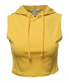 Women's Solid Sleeveless Drawstring Hood Crop Top