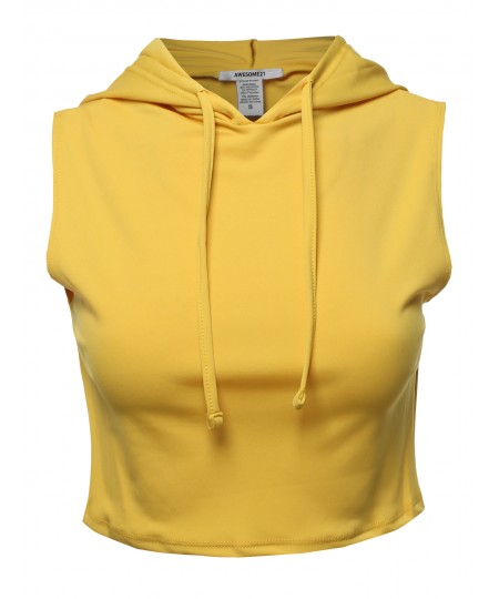 Women's Solid Sleeveless Drawstring Hood Crop Top