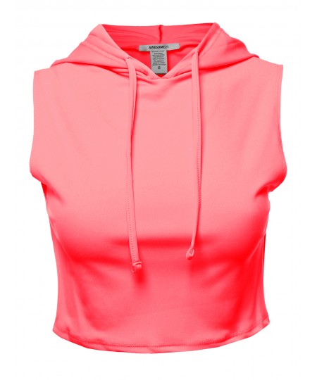 Women's Solid Sleeveless Drawstring Hood Crop Top