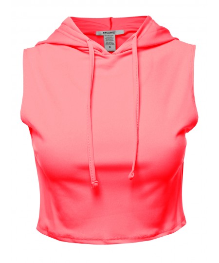 Women's Solid Sleeveless Drawstring Hood Crop Top