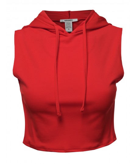 Women's Solid Sleeveless Drawstring Hood Crop Top