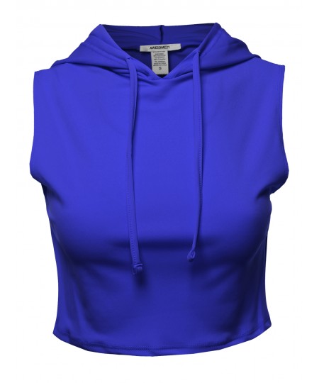 Women's Solid Sleeveless Drawstring Hood Crop Top