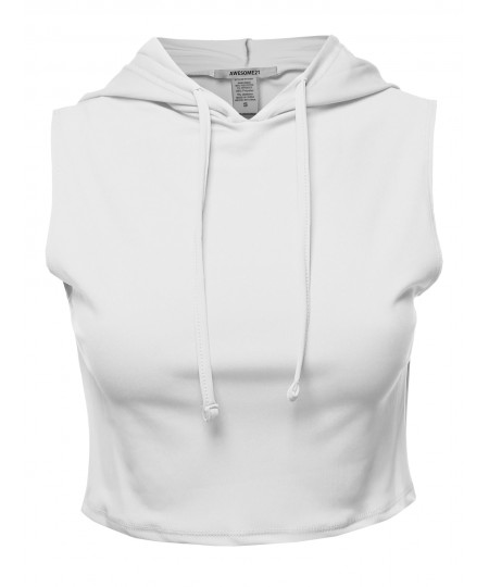 Women's Solid Sleeveless Drawstring Hood Crop Top