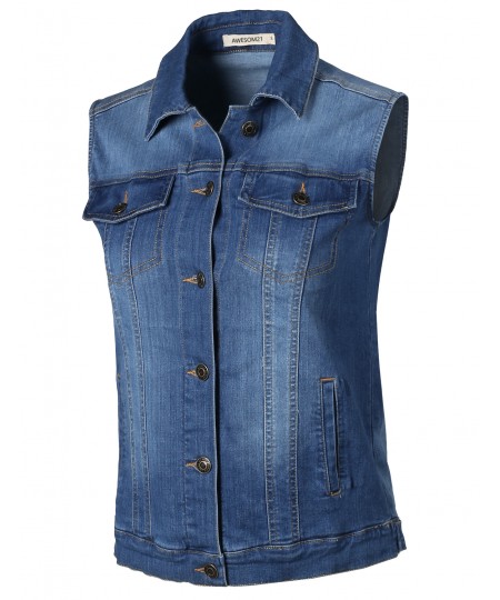 Women's Relaxed Fit Stretch Pockets Washed Jean Denim Trucker Vest