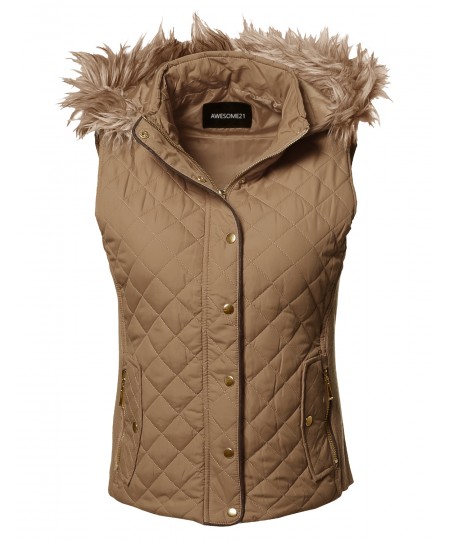 Women's Casual Solid Quilted Padding Vest With Fur Trimmed Hood 