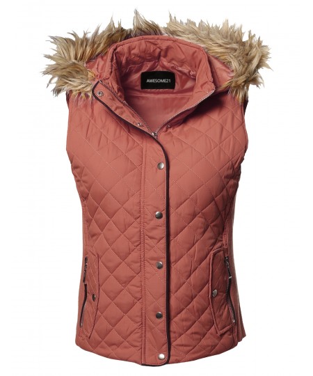 Women's Casual Solid Quilted Padding Vest With Fur Trimmed Hood 