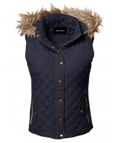 Women's Casual Solid Quilted Padding Vest With Fur Trimmed Hood 