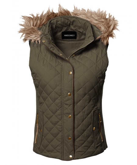 Women's Casual Solid Quilted Padding Vest With Fur Trimmed Hood 