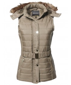 Women's Casual Leather Detail Detachable Hoodie Padded Vest With Belt