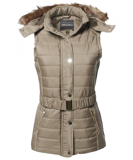 Women's Casual Leather Detail Detachable Hoodie Padded Vest With Belt