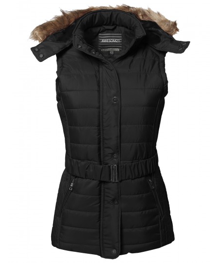 Women's Casual Leather Detail Detachable Hoodie Padded Vest With Belt