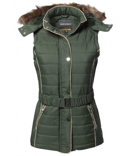 Women's Casual Leather Detail Detachable Hoodie Padded Vest With Belt