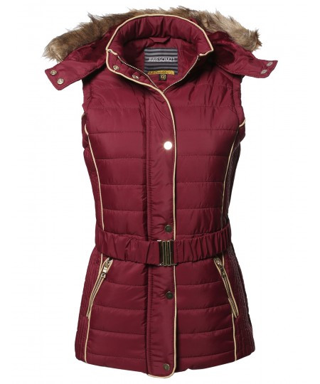 Women's Casual Leather Detail Detachable Hoodie Padded Vest With Belt