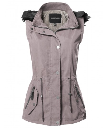 Women's Casual Solid Drawstring at Waist Anorak Vest with Detached Hoodie