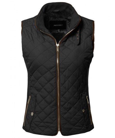 Women's Casual Solid Suede Piping Detail Quilted Padding Vest