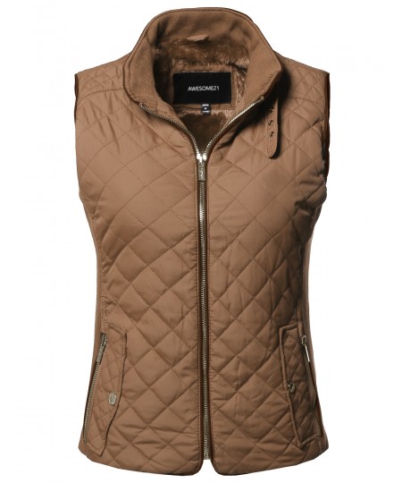 Women's Casual Solid Suede Piping Detail Quilted Padding Vest