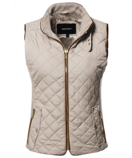 Women's Casual Solid Suede Piping Detail Quilted Padding Vest