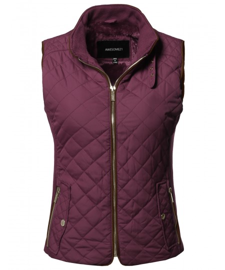 Women's Casual Solid Suede Piping Detail Quilted Padding Vest