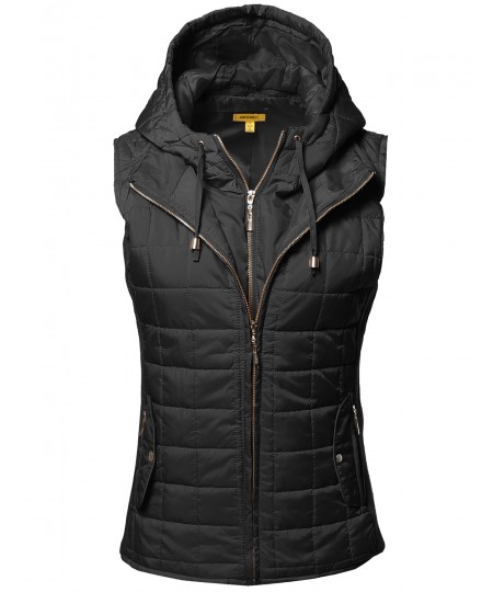 Women's Casual Solid Detachable Hoodie Double Zipper Quilted Padding Vest